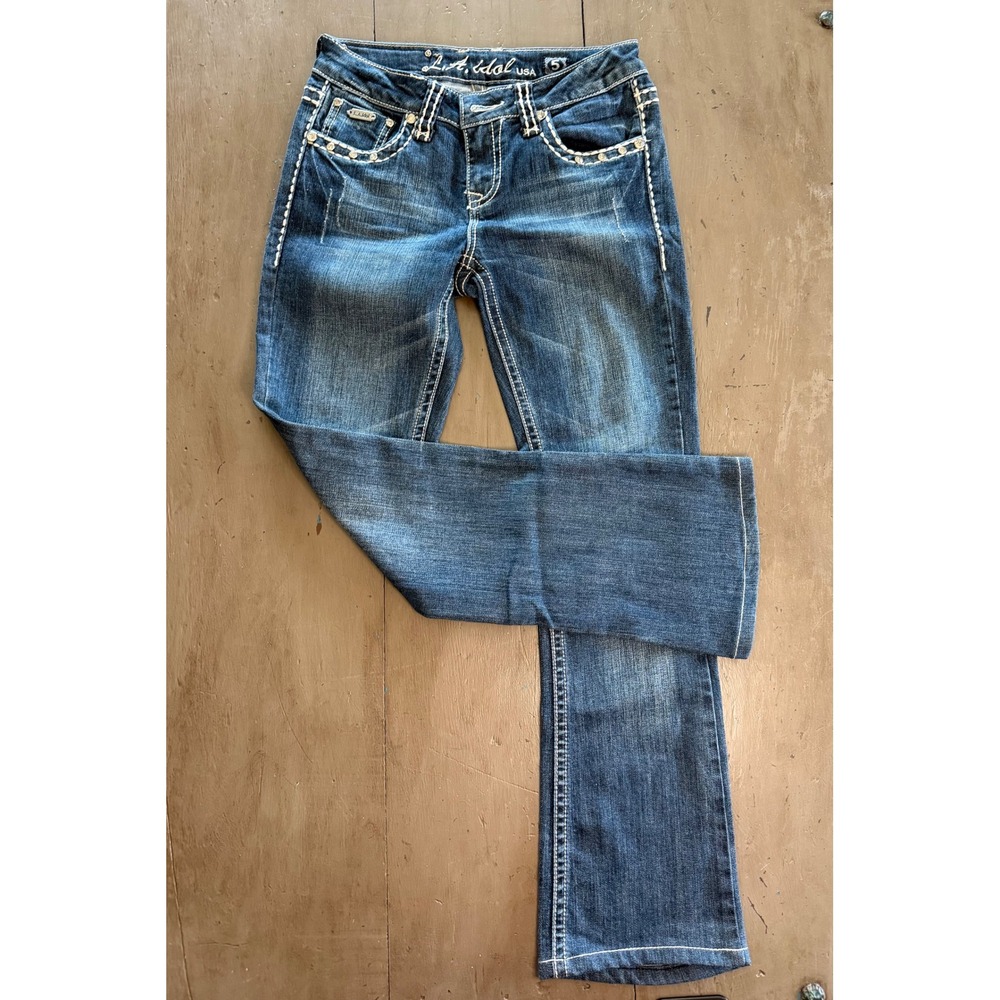 LA Idol USA Girls Rhinestone Rose Wing Bootcut Jeans Dark Wash Size 5 W29 L34